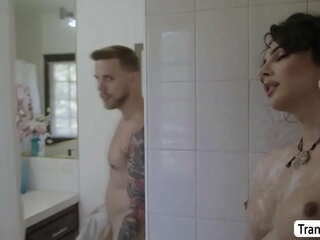 Tgirl maid takes a bath and analed by her boss